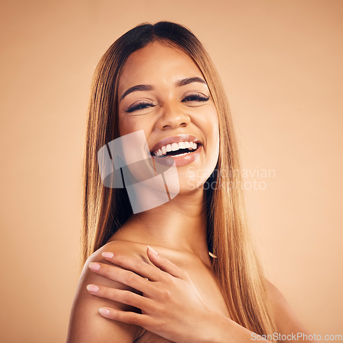 Image of Happy, hair care and portrait of woman with smile for wellness, keratin treatment and makeup in studio. Salon, hairdresser and face of female model on brown background for glow, beauty and cosmetics