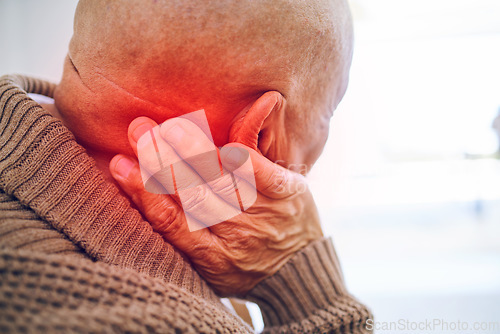 Image of Old man, neck pain and health with injury and red overlay, muscle tension with medical problem and mockup space. Joint ache, arthritis and glow with elderly male person, retirement and fibromyalgia