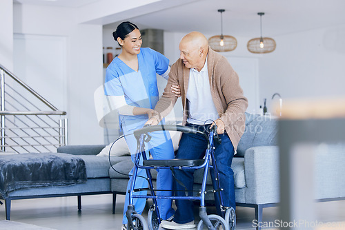 Image of Senior man with walker, woman caregiver and retirement, health with help and support in nursing home. Happy people, female nurse and male person with disability, physical therapy and rehabilitation