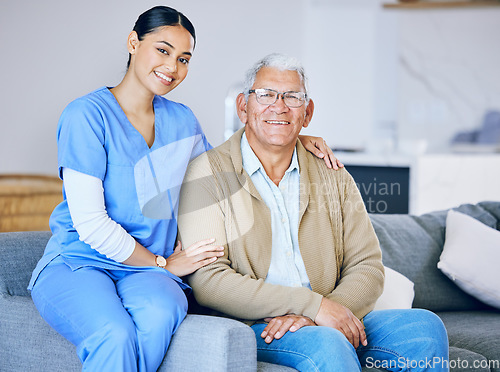 Image of Senior man, woman caregiver and portrait with retirement, health and wellness in nursing home. Happy people, female nurse and elderly male patient with hug, smile and healthcare with help and support