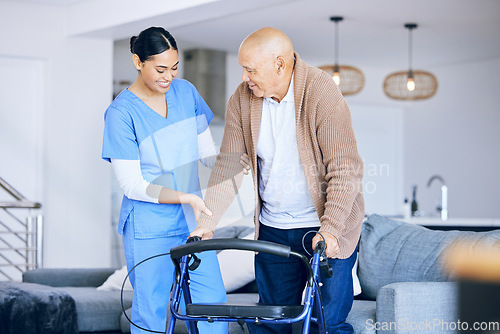 Image of Old man with walker, woman caregiver and retirement, health with help and support in nursing home. Happy people, female nurse and male person with disability, physical therapy and rehabilitation