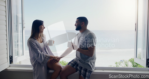 Image of Couple, coffee and window on holiday by sea with conversation, romance and love in summer sunshine. Woman, man and drink with latte, morning or matcha on vacation with ocean view in home with bond