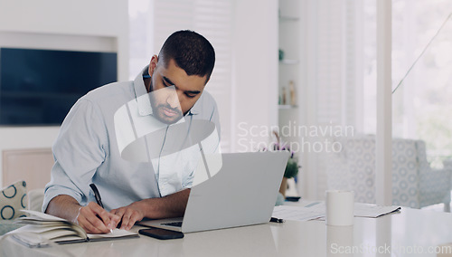 Image of Man, remote work and writing notes at laptop in home office for digital planning, online research and information. Male freelancer, notebook and working on computer technology, internet and budget