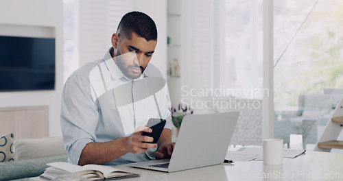 Image of Man, remote work and smartphone at laptop in home for reading notification, digital planning and online information. Male freelancer, cellphone and working on computer, internet and check mobile app