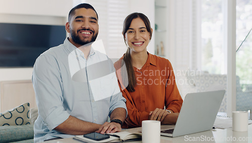 Image of Couple, portrait and budget planning at home with a smile and finance savings paperwork. Happiness, marriage and people with internet, web and computer for digital banking for tax and investment