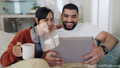 Image of Tablet, couple and smile on couch in home for social media, funny news and online meme. Happy man, woman and relax with digital technology, web subscription and streaming movie on network connection