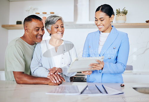 Image of Happy senior couple, real estate agent and contract in new home with discussion, sale and mortgage. Man, women and documents for agreement, property and house with smile in retirement with investment