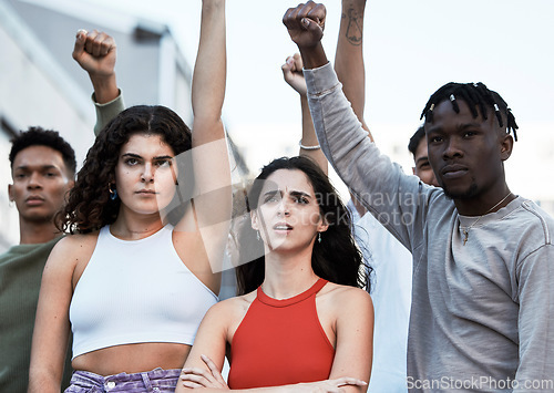 Image of Protest, diversity and people in solidarity for justice, human rights and democracy in a city. Rally, women and men united for peace, change and power, transformation or community activism fight