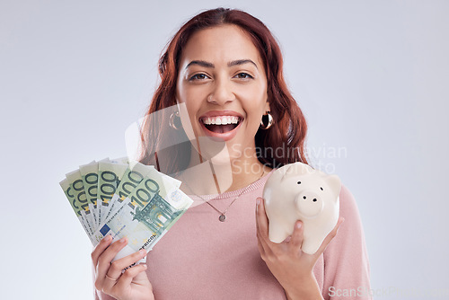 Image of Money, portrait or happy woman with a piggy bank for financial wealth or savings on white background. Finance, investment or girl smiling or investing Euros or budget in tin for safety or security