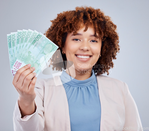Image of Fan, money and woman portrait isolated on a white background for winning, cash or happy finance in lottery. Rich, face and african person or winner bonus, lotto cashback or financial loan in studio