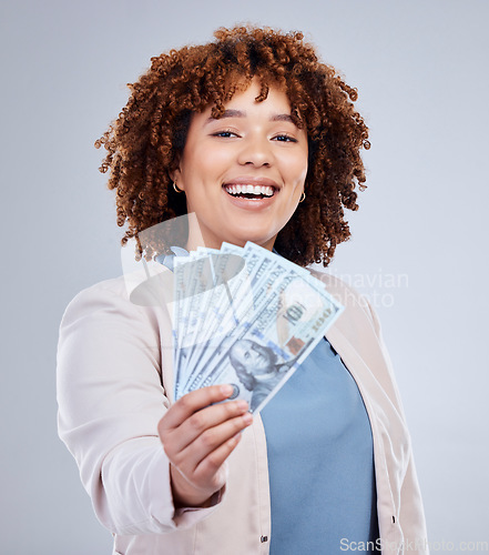 Image of Fan, cash and woman portrait isolated on a white background for winning, cash success or happy finance. Rich, wealth and face of african person or winner bonus, cashback and financial loan in studio