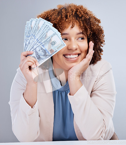 Image of Money, face and woman with cash in studio, mockup or payment from lottery, competition or financial winner of giveaway. Finance, award or bonus prize in savings and trading, investment or bank bills