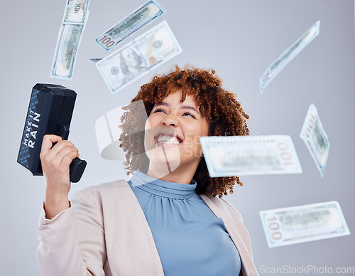 Image of Money, shooting and happy woman isolated on studio background of winning, cashback success or financial freedom. Lottery, competition and business person or winner with bonus gun, rich or cash in air