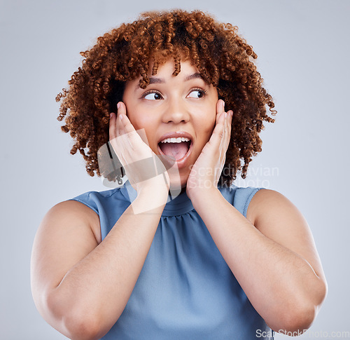 Image of Wow, surprise and african woman isolated on a white background in sale, discount or promotion news. Shock, voice and announcement or winning of young person, winner or model for competition in studio