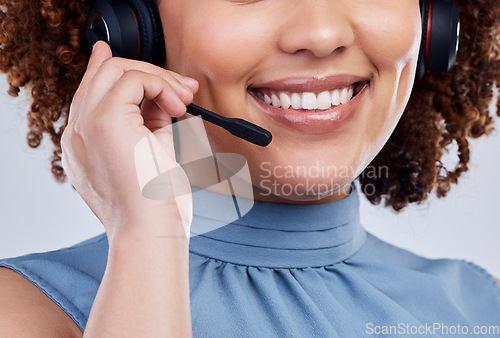 Image of Call center, mouth and happy woman, agent or consultant talking, virtual communication and tech support. Insurance, loan or telecom worker or person speaking and helping of customer service in studio