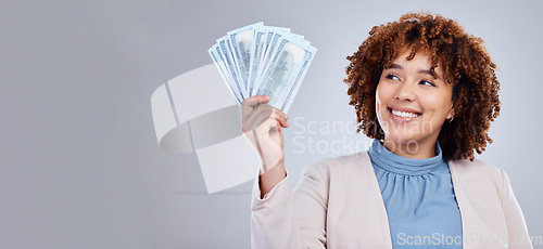 Image of Fan, money and woman isolated on a white background space for winning, cash or happy finance mockup. Rich, wealth and african person or winner bonus, thinking of cashback or financial loan in studio