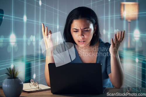 Image of Woman, laptop and stress in office with hologram, night or angry at glitch, 404 error and information technology job. IT expert, anxiety and problem in dark workplace, computer and frustrated face