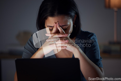 Image of Woman, laptop and night in office with stress for glitch, 404 error and burnout at information technology job. IT expert, anxiety and fatigue in dark workplace with computer, headache and frustrated