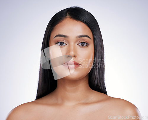 Image of Hair care, beauty and portrait of woman with long, straight hairstyle and luxury salon treatment on white background. Beauty, straight haircut and face of latino model from Brazil on studio backdrop.