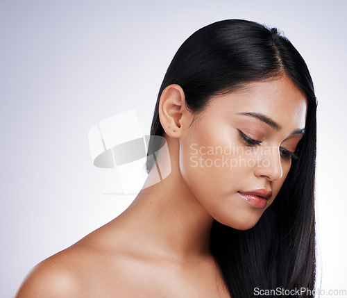 Image of Hair care, beauty and mockup, woman with long hairstyle and luxury salon treatment on white background. Mock up, straight haircut and profile of face of latino model from Brazil on studio backdrop.