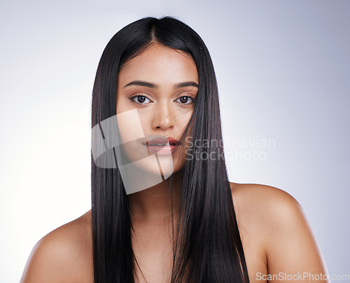 Image of Haircare, beauty and portrait of woman with long hair, mockup and luxury salon treatment on white background in Brazil. Style, haircut and latino model with straight hairstyle on studio backdrop.