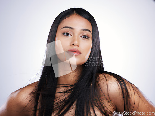 Image of Hair care, beauty and portrait of woman with mockup, long haircut and luxury salon treatment on white background in Brazil. Beauty, makeup and latino model with straight hairstyle on studio backdrop.