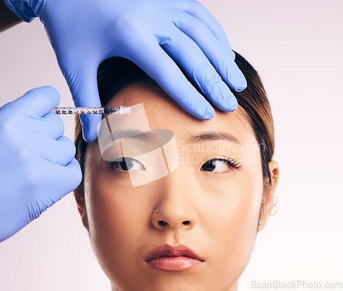 Image of Forehead injection, face skincare and Asian woman in studio isolated on a white background. Cosmetics, syringe and female model with collagen filler, dermatology and prp facelift in plastic surgery.