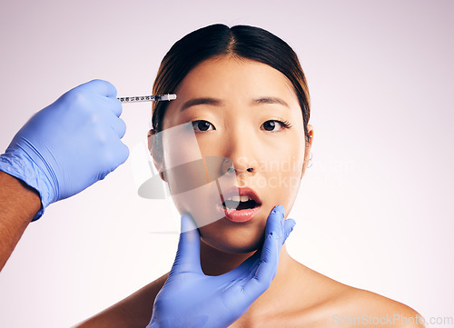 Image of Face skincare, injection surprise and Asian woman in studio isolated on a white background. Cosmetics, syringe and female model with collagen filler, portrait and wow for facelift plastic surgery.