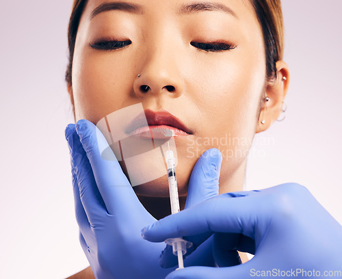 Image of Lips injection, skincare and woman with plastic surgery in studio isolated on a white background. Cosmetics, syringe and female model with lip filler for dermatology, facelift treatment and beauty.