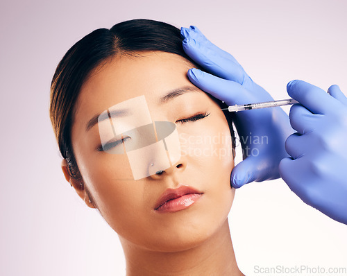 Image of Face injection, skincare and woman with plastic surgery in studio isolated on a white background. Cosmetics, syringe and female model with dermal filler for dermatology, facelift treatment and beauty