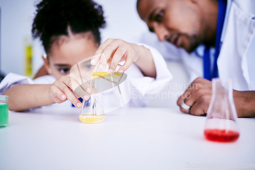 Image of Science, experiment and child doing a project in a lab in physics or chemistry class in school. Knowledge, education and girl kid student working on a scientific analysis with glass beaker and liquid