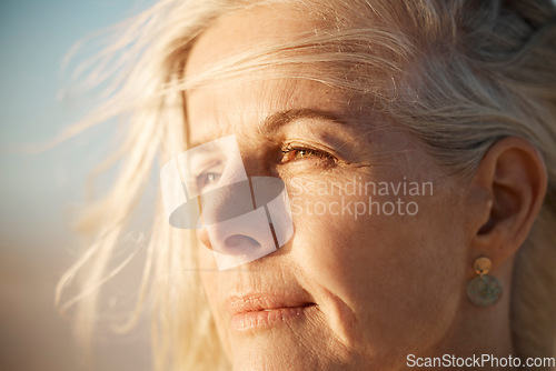 Image of Face, thinking and a mature woman outdoor in wind for freedom, memory or travel in summer. Headshot and beauty of serious female person in nature for air, retirement vision and holiday or vacation