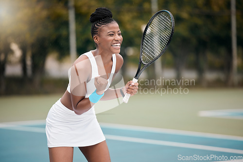 Image of Winner, celebrate and black woman excited, tennis and victory with fitness, happiness and sports. Female person, happy player or athlete on the court, game and exercise with workout goal and cheering