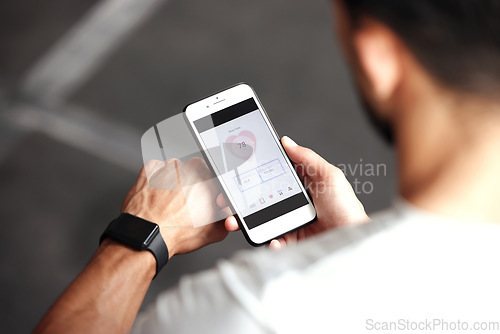 Image of Fitness, app and man with phone, smart watch and workout schedule online at gym and sports training. Athlete with digital application, heart rate tracker and tech for exercise and health on cellphone