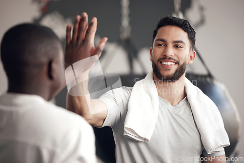 Image of Fitness, high five and men celebrate exercise, workout or training success or win. Happy male friends together at wellness gym for sport goals, power challenge or performance achievement with partner