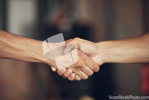 Image of Fitness, handshake and people at a gym for training, agreement and deal on blurred background. Sport, friends and men shaking hands for healthy lifestyle commitment, goal and personal trainer support