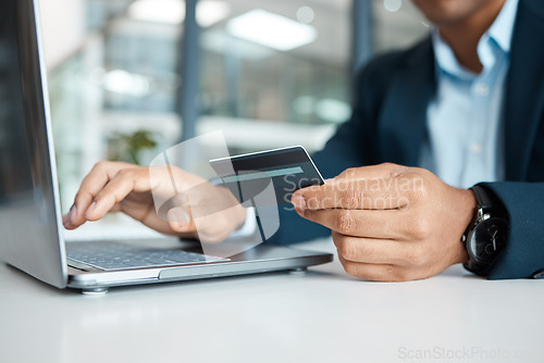 Image of Credit card, business man hands and laptop with online banking, payment and ecommerce store. Office, male professional and corporate worker with web shopping on an internet retail shop at work