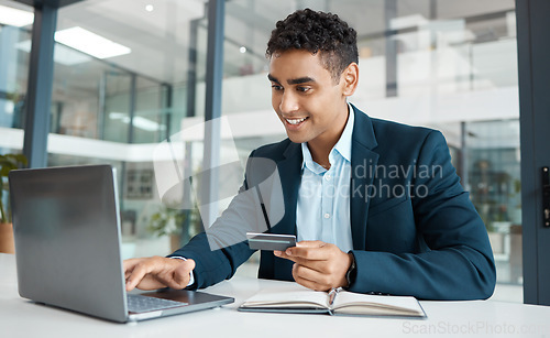 Image of Credit card, businessman and laptop with online banking, payment and ecommerce store. Computer, male professional and smile of a corporate worker with web shopping on an internet retail shop at work