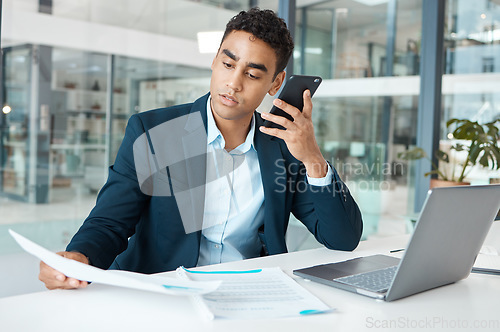 Image of Business man, voice note and phone call in a office with conversation and document report. Company, auditor and finance agency employee with communication and discussion with corporate information