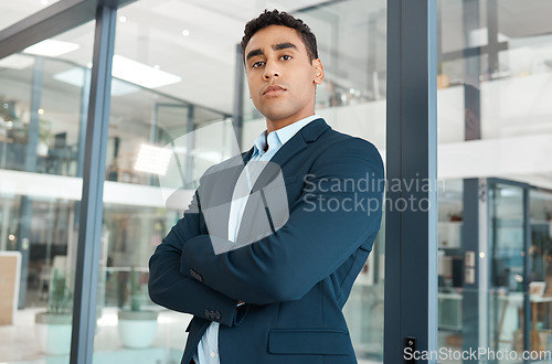 Image of Business man, leader portrait and arms crossed with startup and company ceo in a office. Vision, professional and expert with boss confidence and corporate focus ready for working as a executive