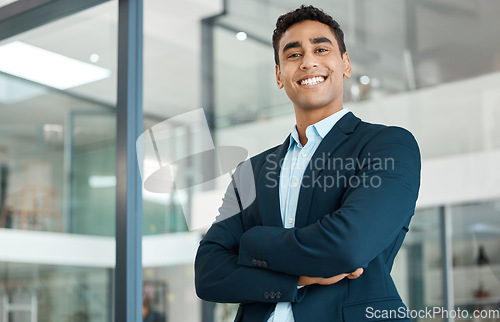 Image of Business man, happy portrait and arms crossed with startup and company ceo in a office. Vision, professional and expert with boss confidence and corporate success ready for working as a executive