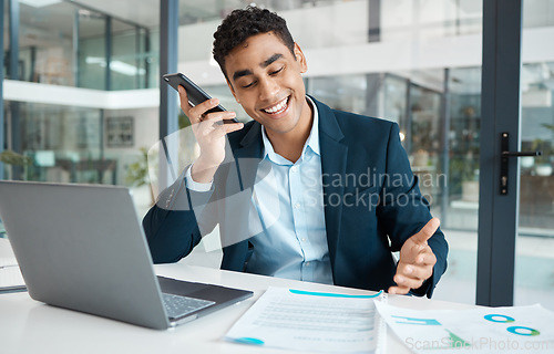 Image of Business man, work voice note and phone call in a office with conversation and document report. Company, auditor and finance agency employee with communication and discussion with job information