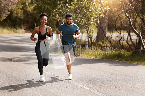 Image of Health, exercise and black couple running, nature and workout goal with endurance, training and wellness. Runners, man and woman in the street, run and progress with health, performance and fitness