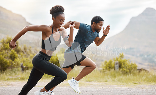 Image of Fitness, exercise and black couple running, outdoor and workout goal with endurance, cardio and self care. Runners, man and woman in the street, run or training with progress, health and wellness