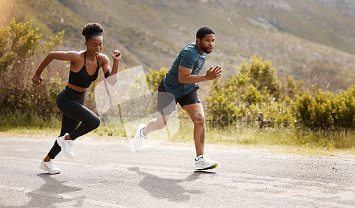 Image of Fitness, training and black couple running, outdoor and cardio with endurance health and wellness. Runners, man and woman in the street, run or progress with speed, cardio and marathon with a target