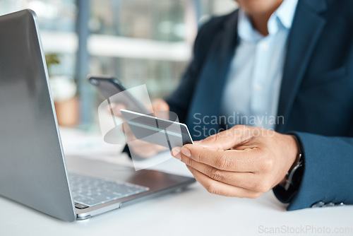 Image of Credit card, businessman hands and laptop with online banking, payment and ecommerce store. Office, male professional and smile of a corporate worker with web shopping on an internet shop at work