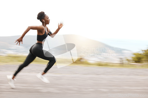 Image of Athlete, mockup and fast black woman running and training for outdoor sports, workout and exercise for a marathon. Fitness, wellness and healthy female person or runner with speed for health