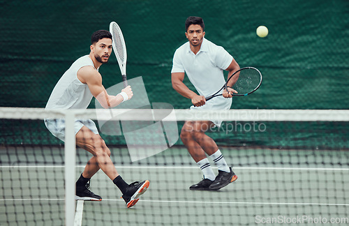 Image of Male team, ball and tennis court during a competition in india for fitness, health and sport. Man, athlete and together with action for game with training and a challenge for wellness in the outdoor.