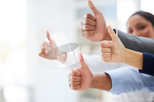 Image of Closeup, business and group with thumbs up, agreement and approval with collaboration, teamwork and solidarity. Zoom, staff or team with hand gesture, symbol and achievement with emoji and support