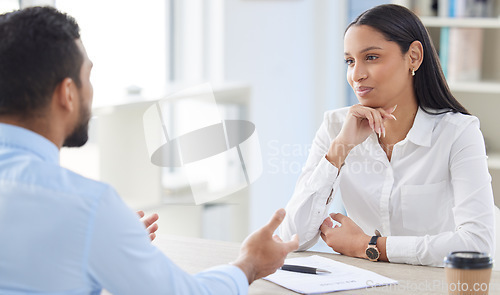 Image of Meeting, hiring and business people in discussion for interview, job vacancy or opportunity in office. Corporate, recruitment and man and woman in conversation for hiring with CV or resume documents